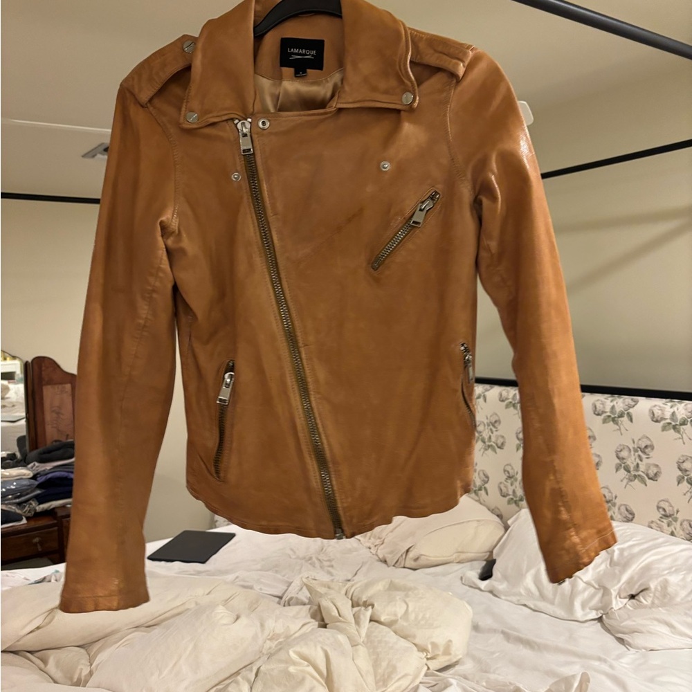 Lamarque Cognac Leather Asymmetric Moto Jacket